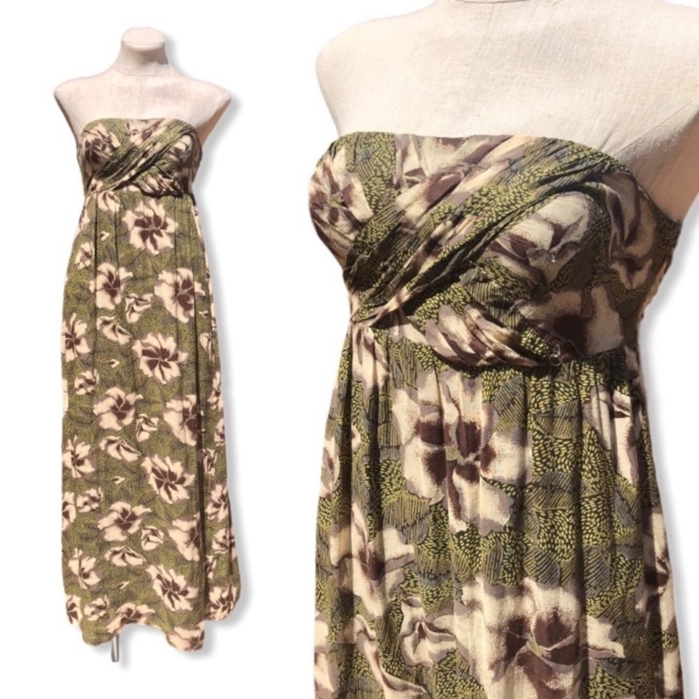 Anthropologie Edme & Esyllte Hawaiian Maxi Dress 10 spaghetti green brown‎ boho